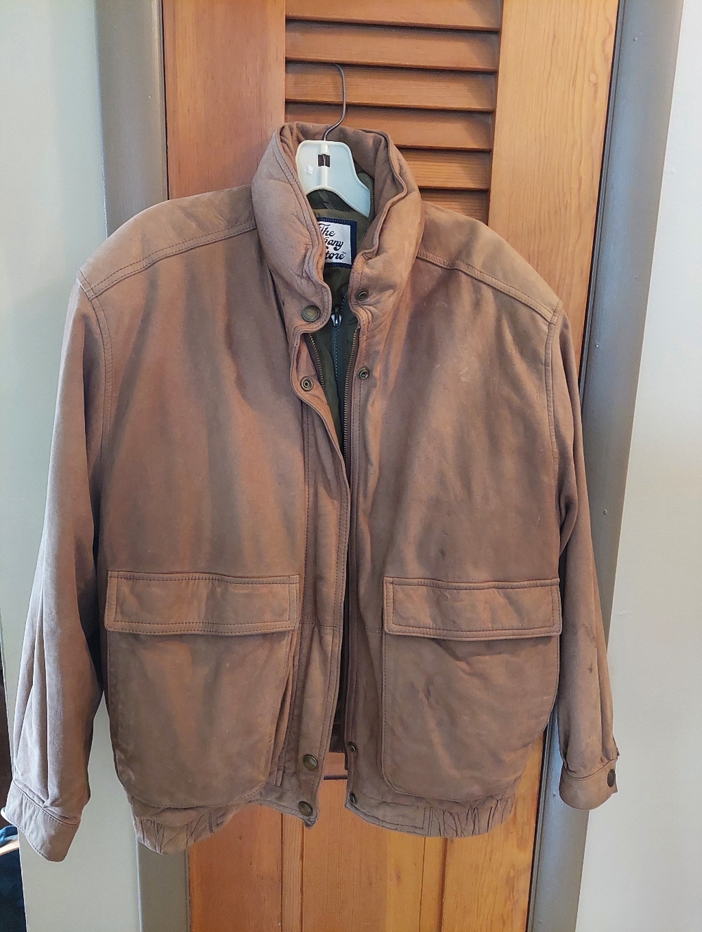 The Company Store Women's Leather Bomber Jacket With Removable Down Lining.